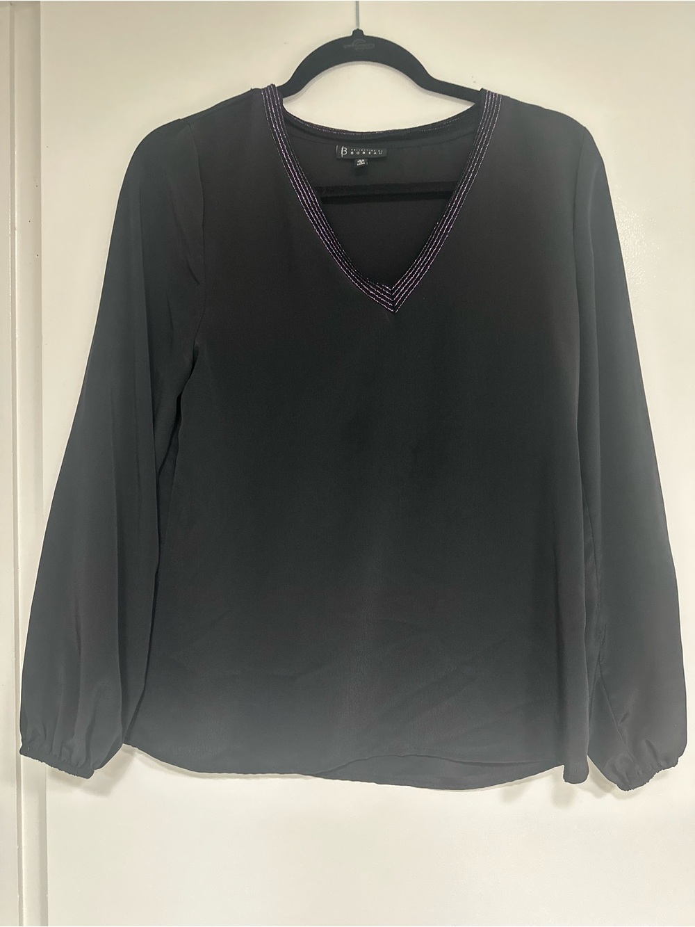 bobeau Black V-Neck Long Sleeve Blouse with Beaded Trim